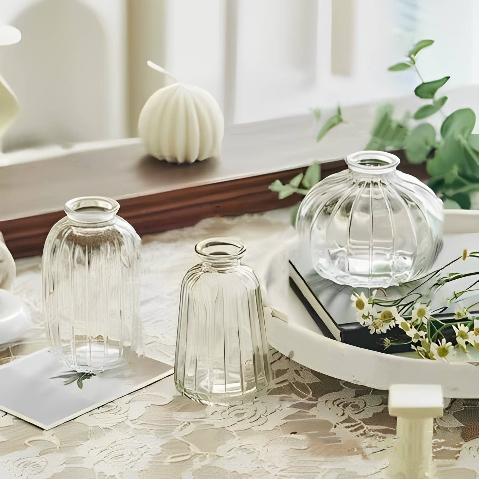 Pleated Glass Bud Vase, Small Glass Vases, Clear: Style C