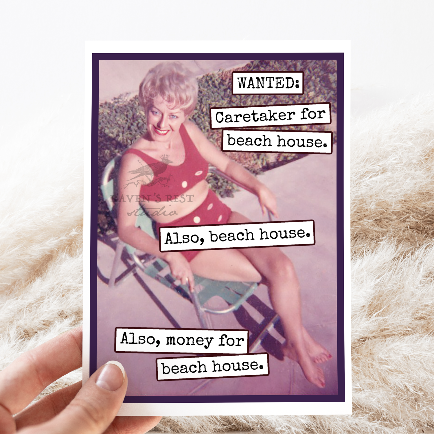 Greeting Card. Wanted: Beach House. Funny, Vintage, Summer.