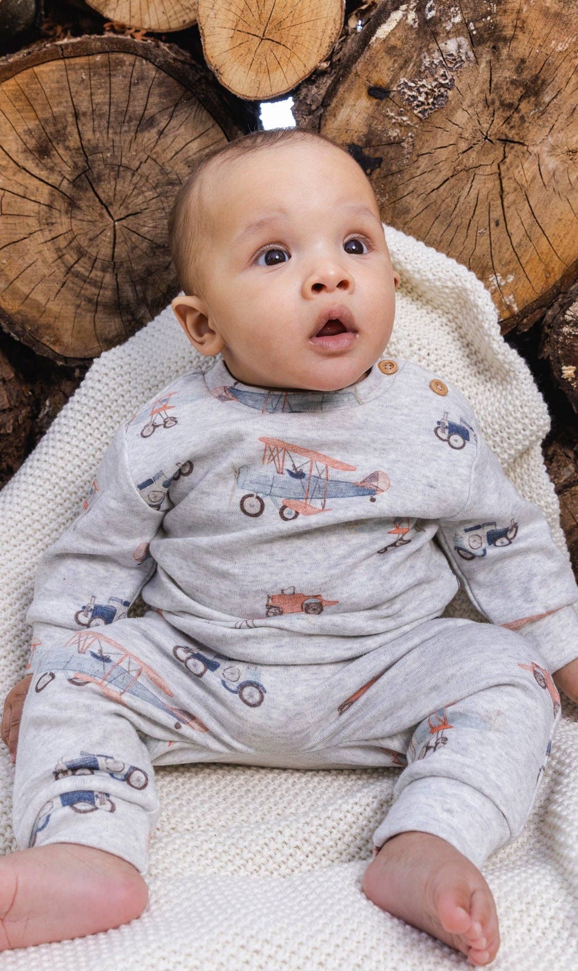 Organic Cotton Pants And Top Set Beige Printed Airplanes: 12m