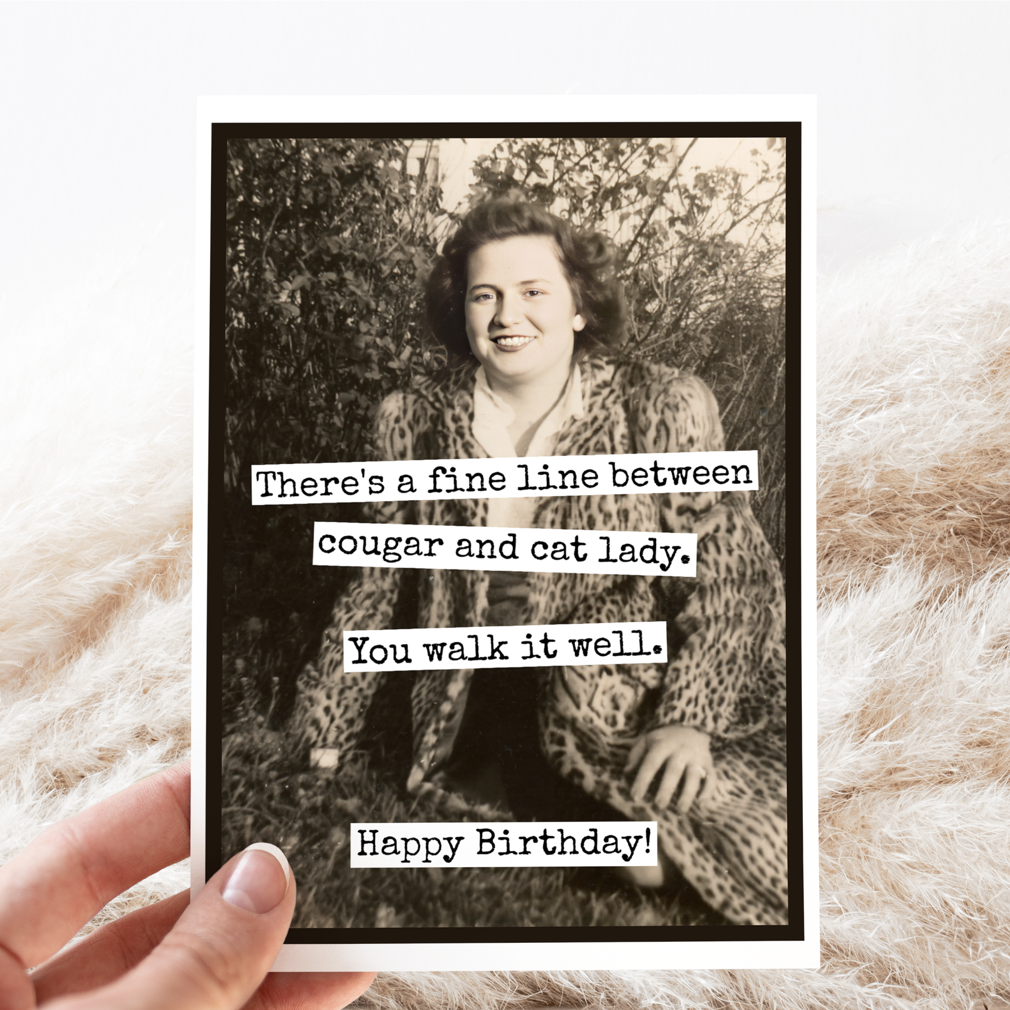 Funny Birthday Card. Fine Line Cougar Cat Lady. Vintage