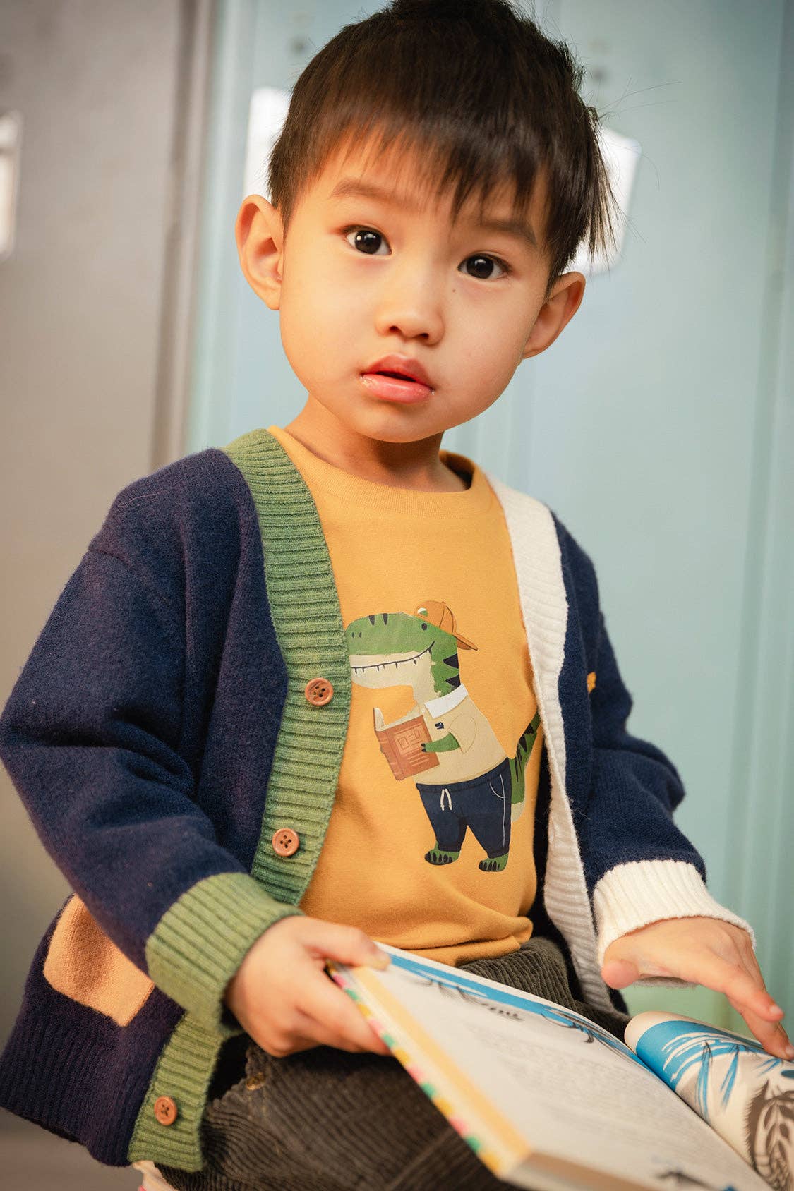 Knit Cardigan With Dino Dark Blue, Green And Yellow: 6