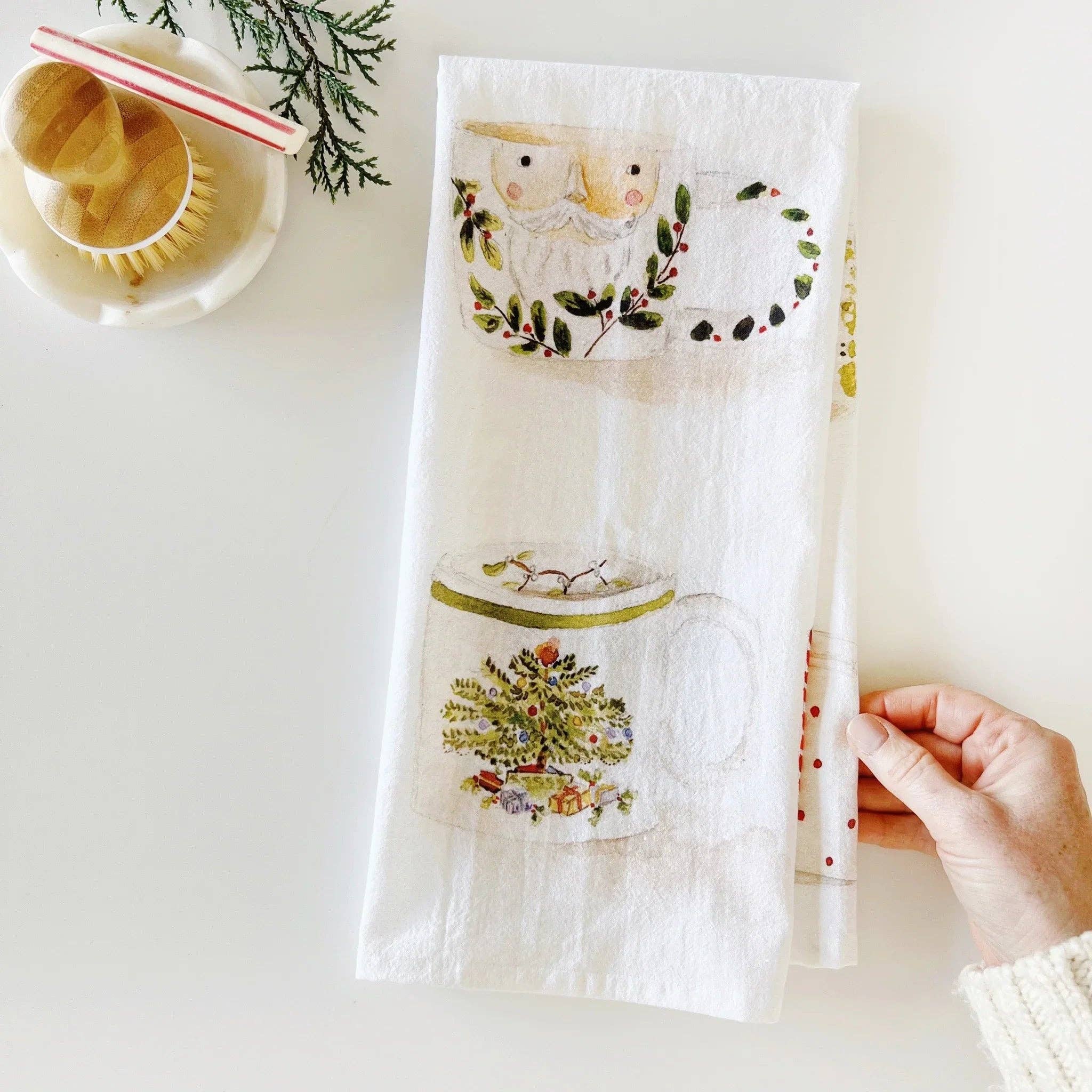 Christmas mugs cotton flour sack tea towel