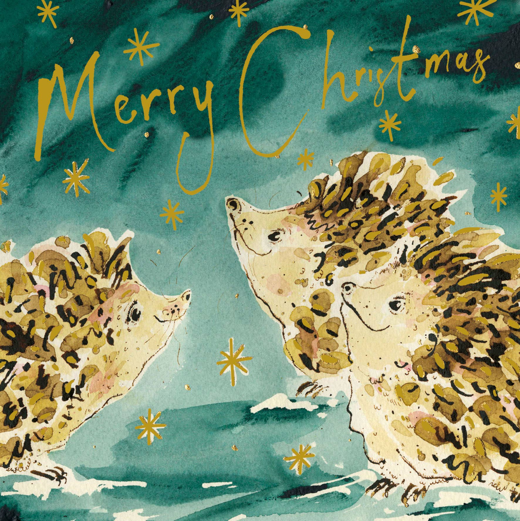 Festive Hedgehogs Gold Foil Christmas Card