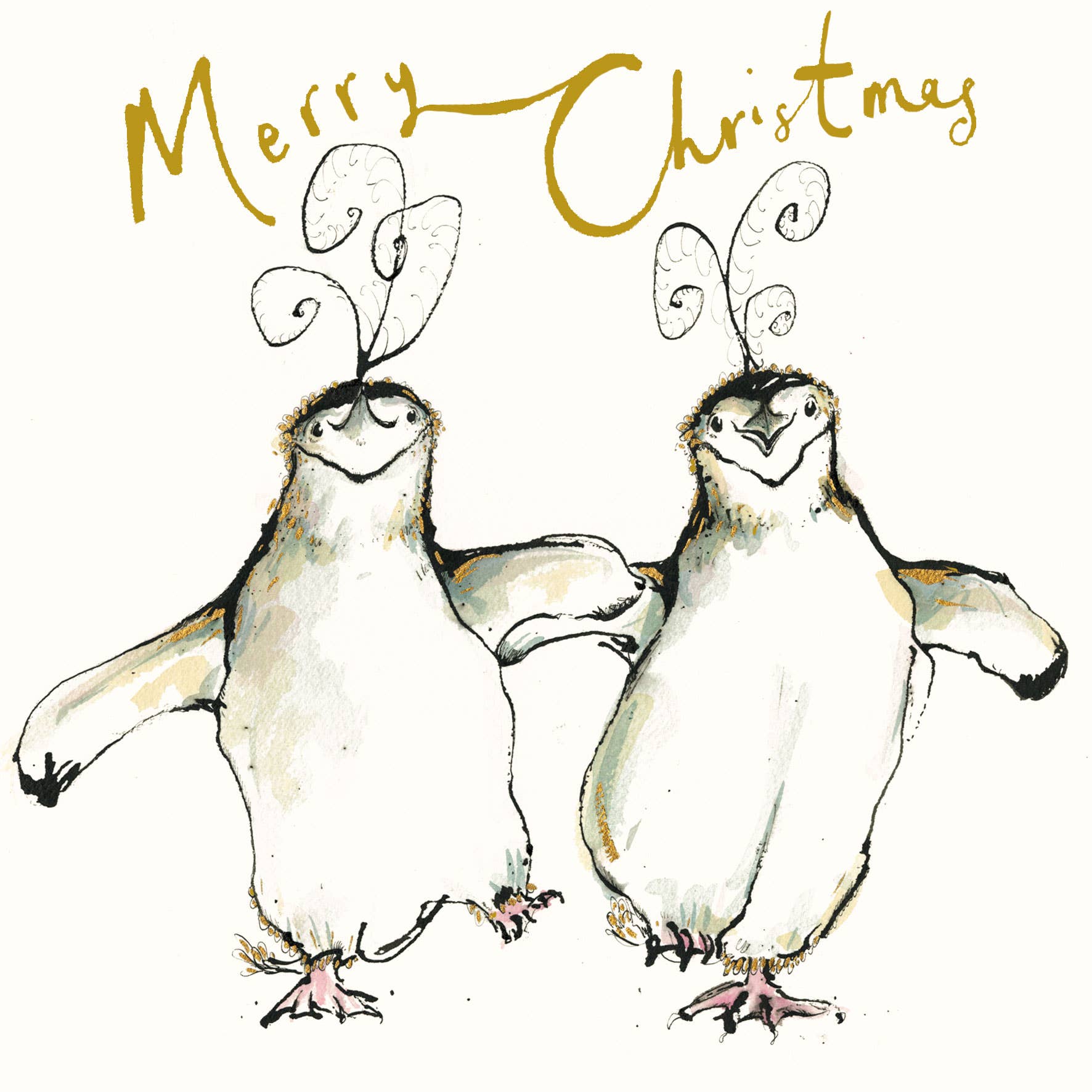Festive Penguins Gold Foil Christmas Card