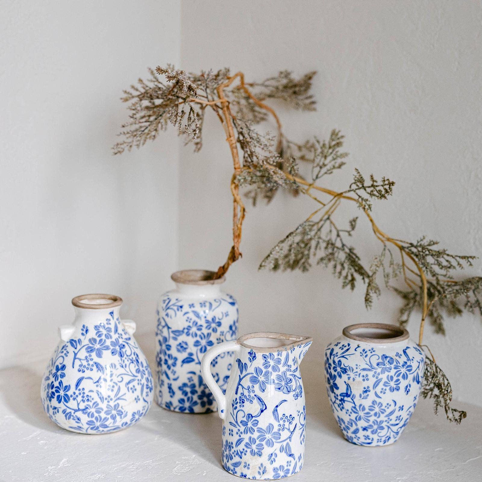 Ceramic Vase, Tall Blue Flowers