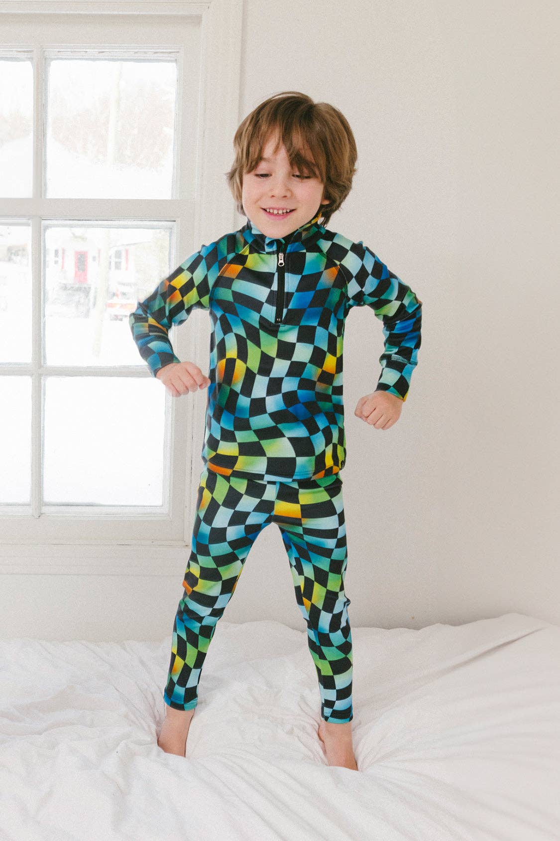 Two Piece Thermal Underwear Blue Checkered Print: 4