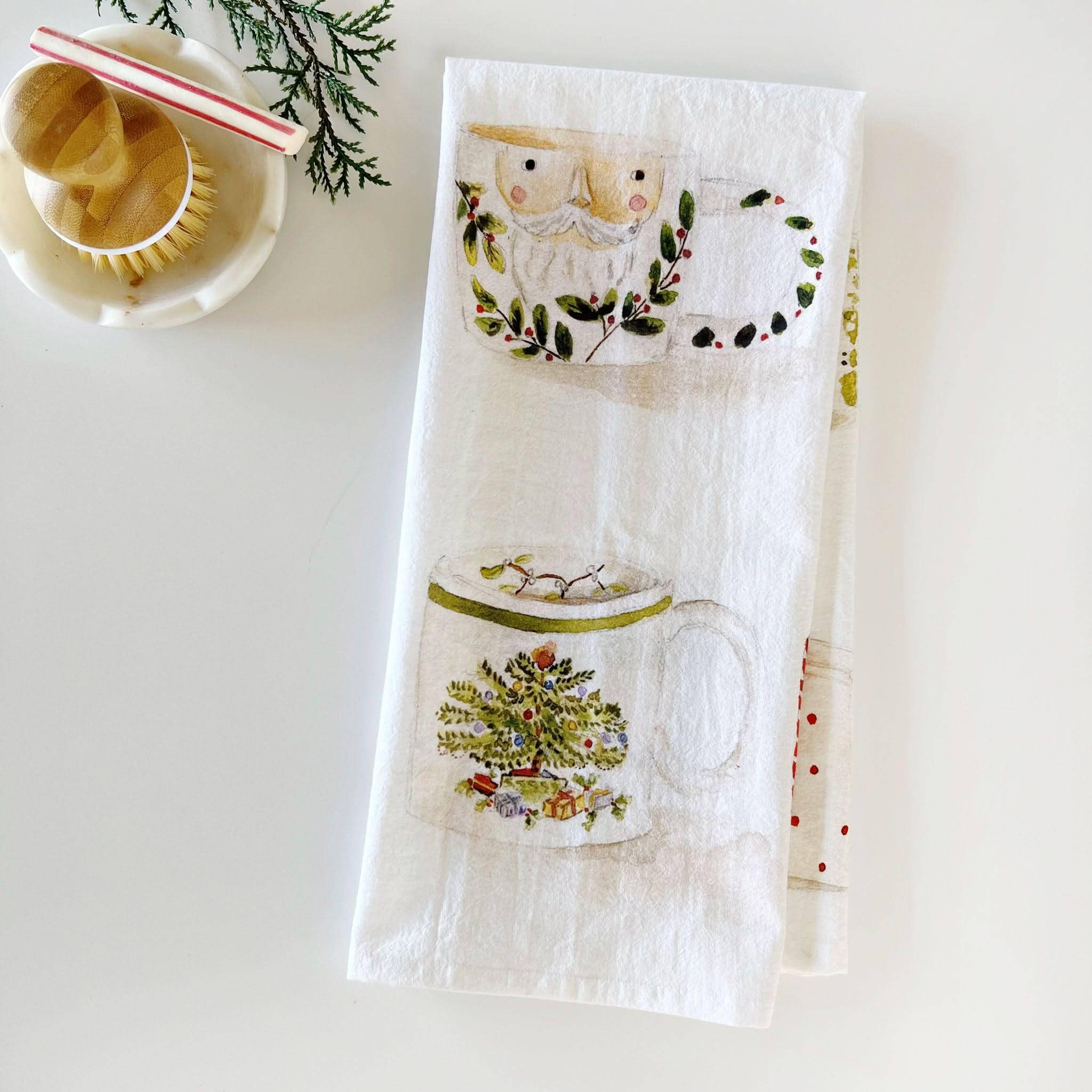 Christmas mugs cotton flour sack tea towel