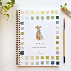 Watercolor workbook titled 'Animals' with a dog illustration on a white background.