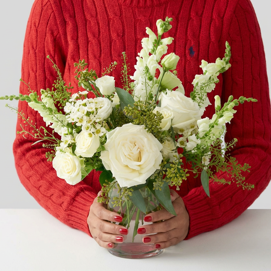 Soft whites, gentle greens, and timeless texture — this understated seasonal design is created fresh by our designers using the best of what’s in bloom. Arranged in a simple vessel and gift-wrapped with care, it’s a go-to for quiet elegance and thoughtful giving.