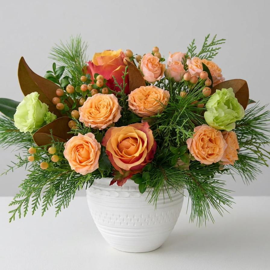 abundance done beautifully. Cherry brandy roses, soft green lisianthus, magnolia foliage, and winter textures come together in a brushed gold vessel for a statement that feels warm, elevated, and effortlessly festive. Perfect for dining tables and grand entries alike.