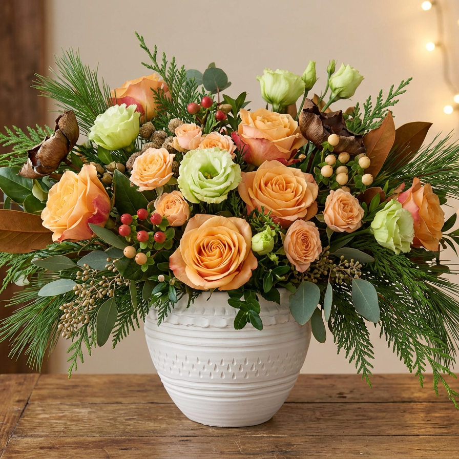 abundance done beautifully. Cherry brandy roses, soft green lisianthus, magnolia foliage, and winter textures come together in a brushed gold vessel for a statement that feels warm, elevated, and effortlessly festive. Perfect for dining tables and grand entries alike.