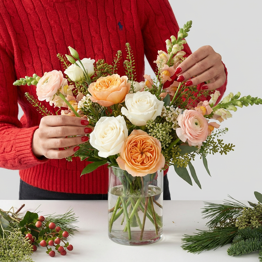 Soft apricot tones, winter greens, and gentle texture come together in this fresh, glowing seasonal design. Styled simply and thoughtfully, Apricot is warm, comforting, and beautifully suited for everyday holiday living.

