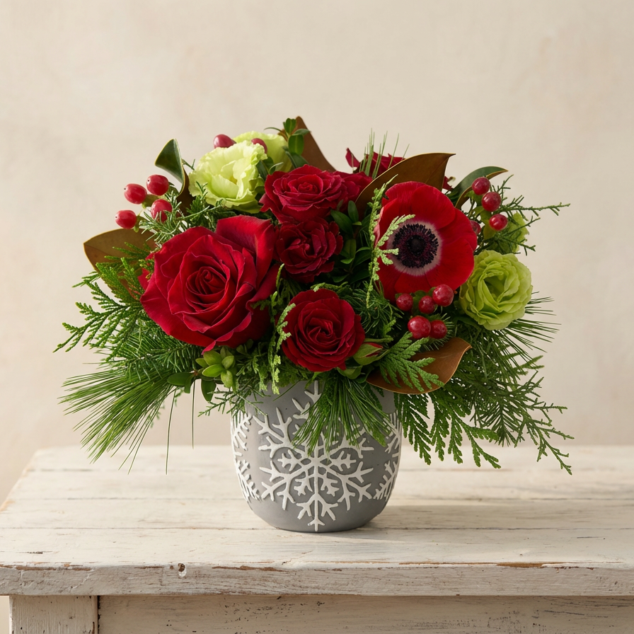 Crisp winter reds meet fresh greens in this vivid, compact arrangement. Rich red roses and anemones are softened with seasonal foliage and styled in a frosted mint vessel for a modern seasonal accent that feels lively and light.Approx. Size: 6.5" x 6.5".  Flowers may vary based on seasonal availability.

