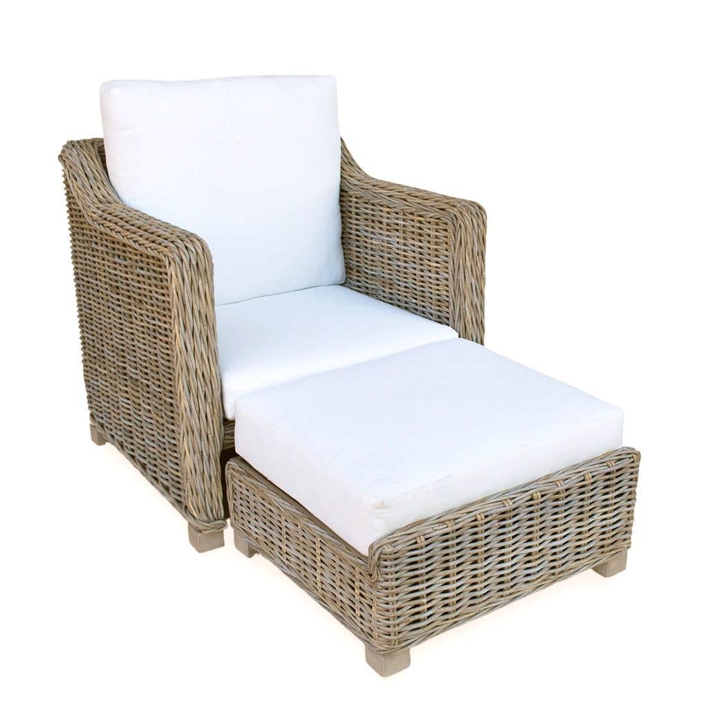 KUBU GREAY RATTAN CHAIR WITH BUILT IN OTTOMAN W CUSHIONS: Rattan