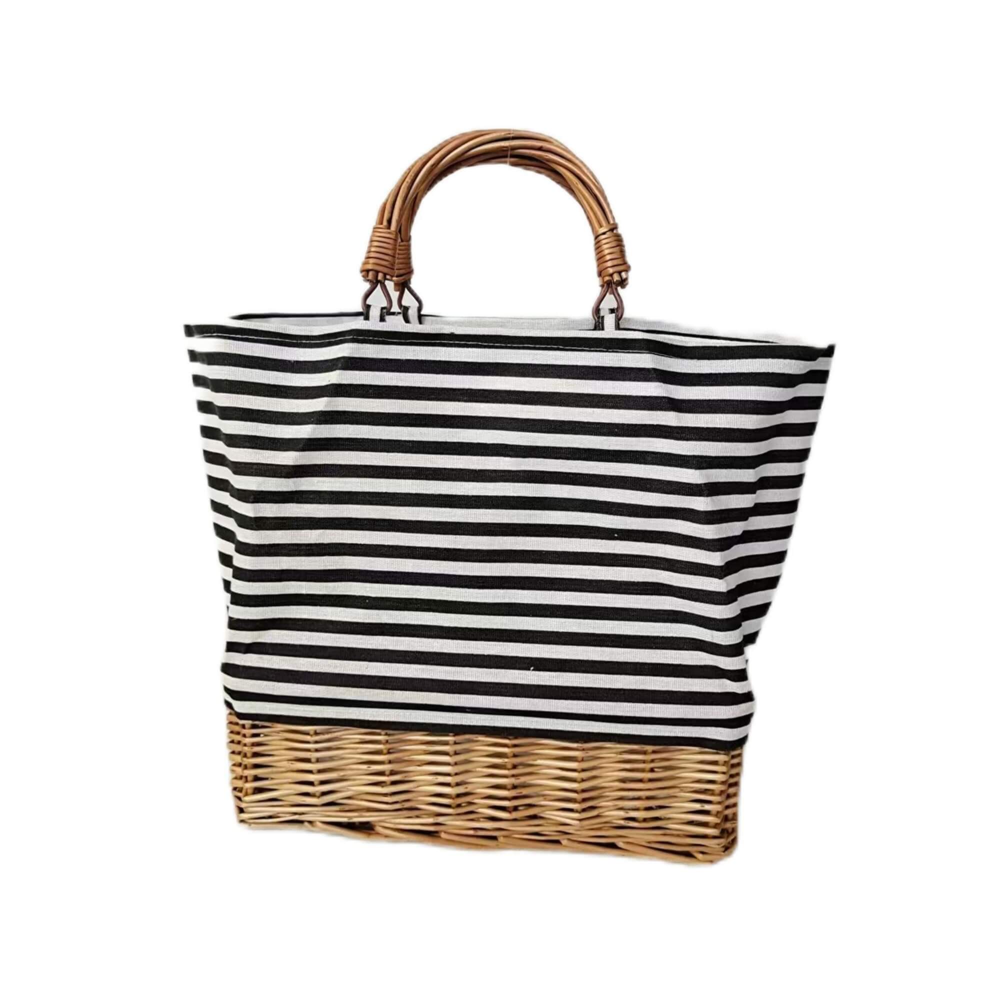 WILLOW AND STRIPED FABRIC COOLER BAG WILLOW HANDLE