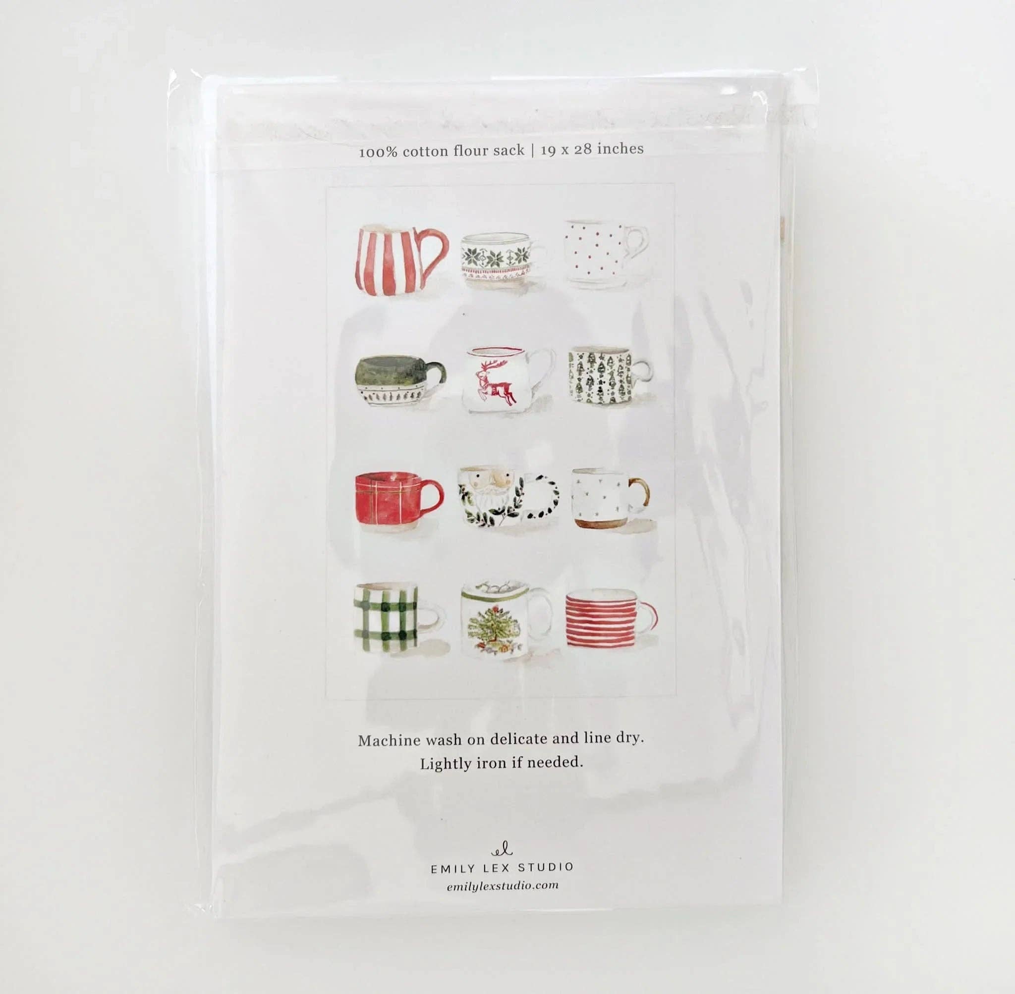 Christmas mugs cotton flour sack tea towel