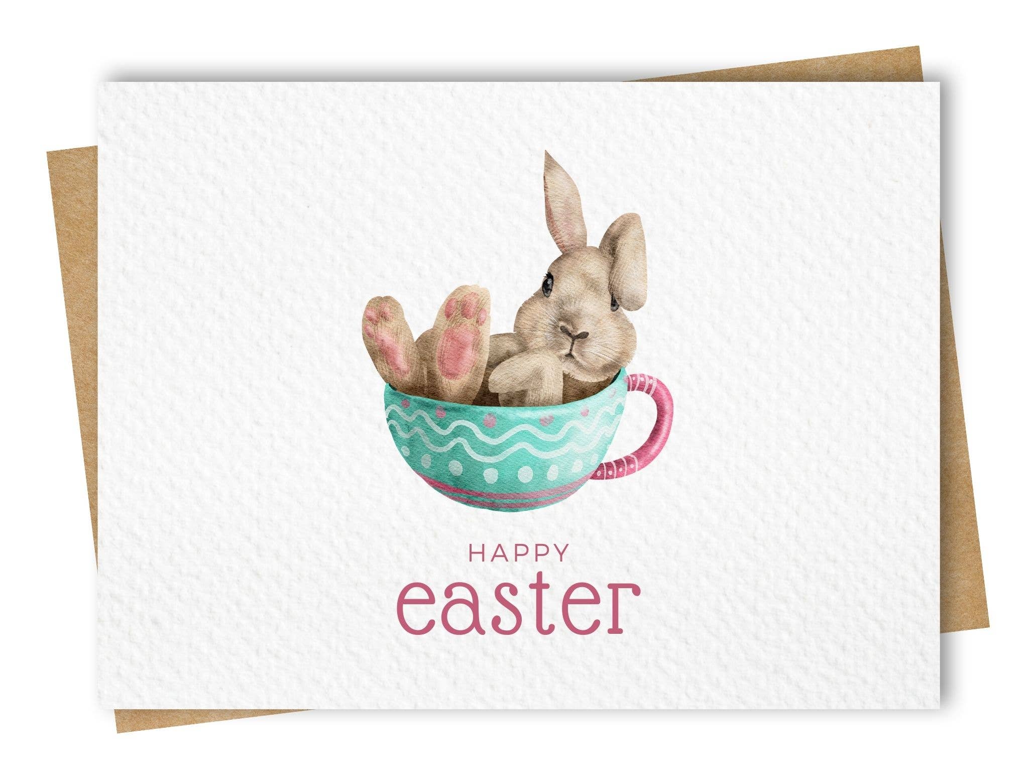 Cute Baby Bunny in Mug Easter Card, Includes Kraft Envelope: Rounded