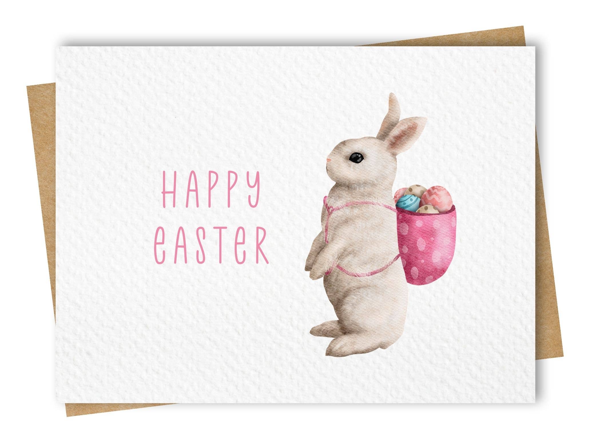Bunny with Egg Basket Easter Card, Includes Kraft Envelope: Square